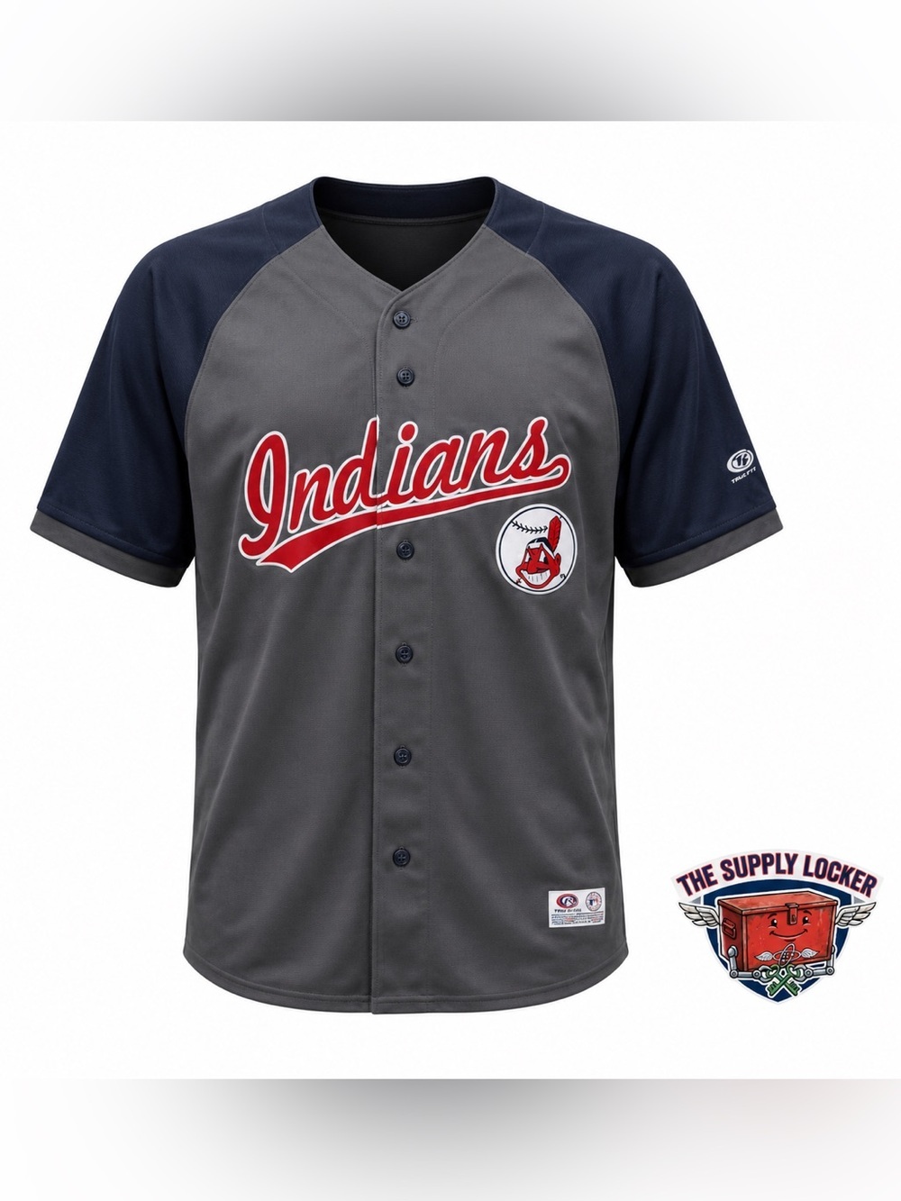 Cleveland Indians True Fan MLB Baseball Jersey Mens Medium Gray Blue Button Up